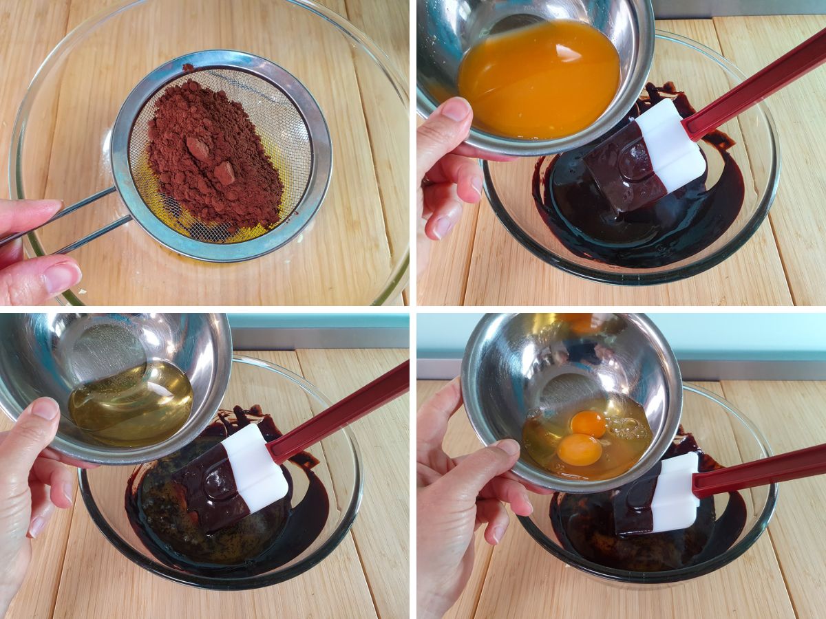 Chocolate Orange Cupcakes 5 Process shots mk2: sifting cocoa powder into melted butter, adding orange juice, adding oil, adding eggs and mixing.