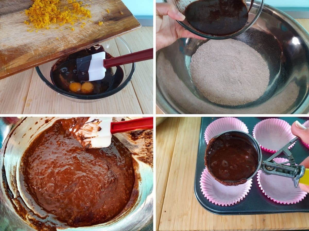 Chocolate Orange Cupcakes 6 Process shots mk 3: adding orange zest to wet ingredients, adding wet ingredients to dry ingredients, gentling folding wet and dry ingredients together, ladling mix into cupcake cases with an ice cream scoop.