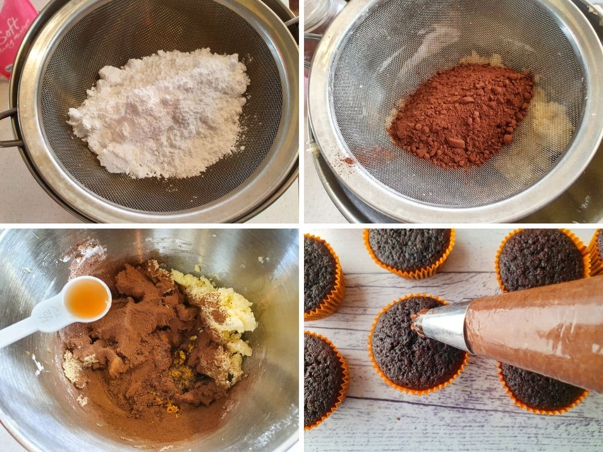 Process shots mk4: sifting icing sugar, sifting cocoa powder, adding vanilla extract and orange zest, piping frosting onto cupcakes.