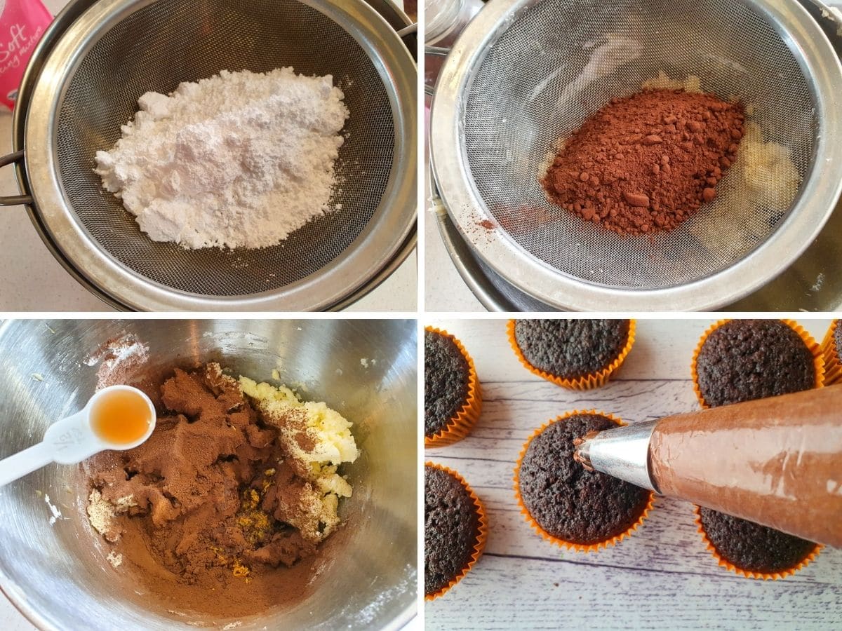 Chocolate Orange Cupcakes 7 Process shots mk4: sifting icing sugar, sifting cocoa powder, adding vanilla extract and orange zest, piping frosting onto cupcakes.