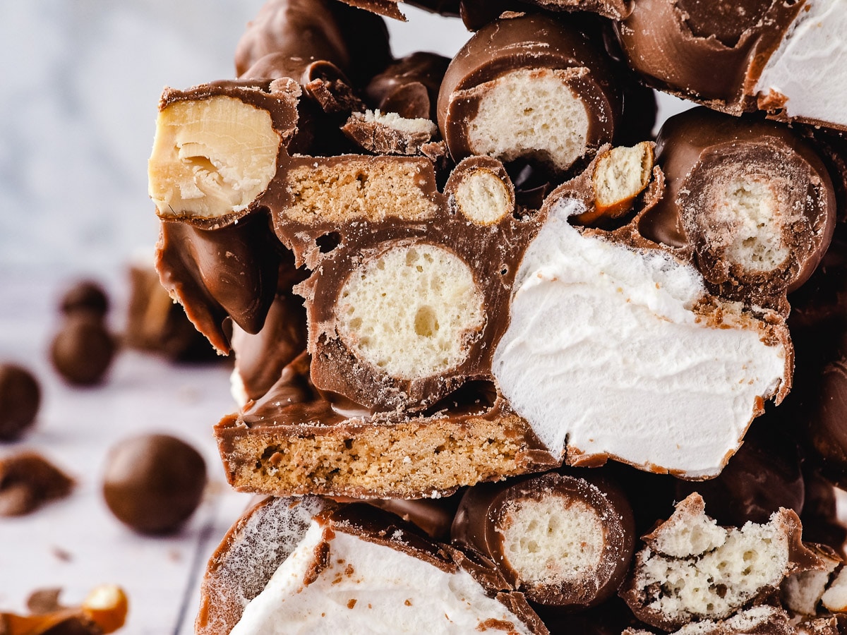 Rocky road with Maltesers in the background.