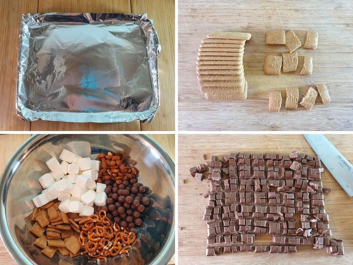 Process shots: tray covered with foil, breaking up malt biscuits, mixing marshmallows, almonds, maltesers, malt biscuits and salted pretzels together, chopping chocolate into small pieces before melting.