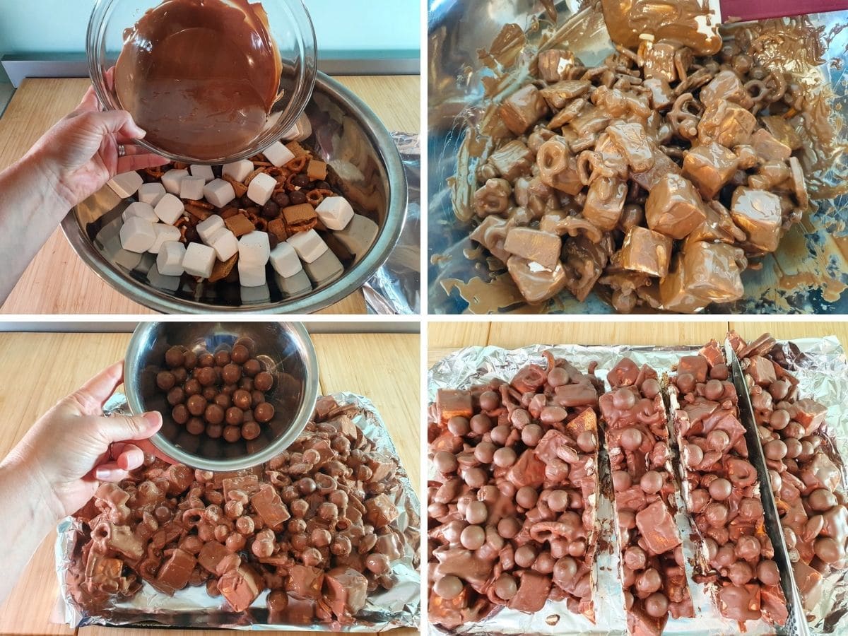 Maltesers Rocky Road 6 Process shots, pouring melted chocolate onto dry ingredients, mixing in melted chocolate, adding Maltesers to top of spread out rocky road on lined tray, chopping up set rocky road.