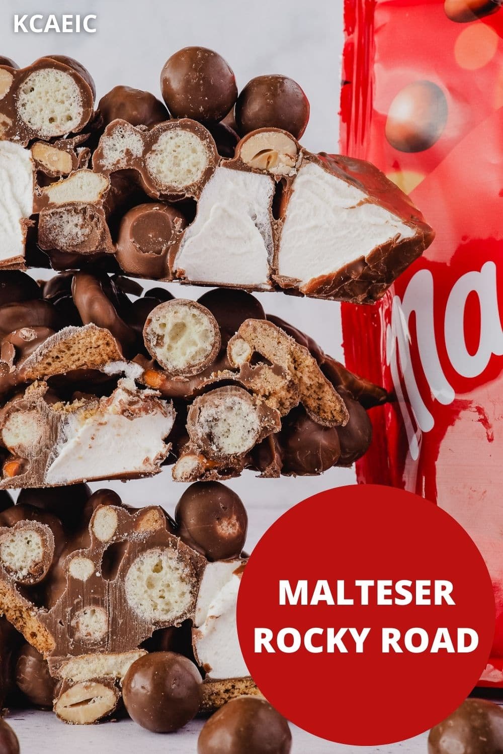 Stack of rocky road with a packet of Maltesers, with text overlay Malteser Rocky Road and KCAEIC.