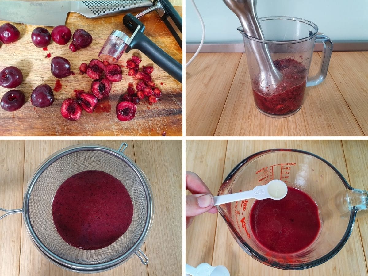 Process shots: pitting and slicing cherries, blitzing cherries with a stick blender, straining cherry pulp, adding vanilla essence.