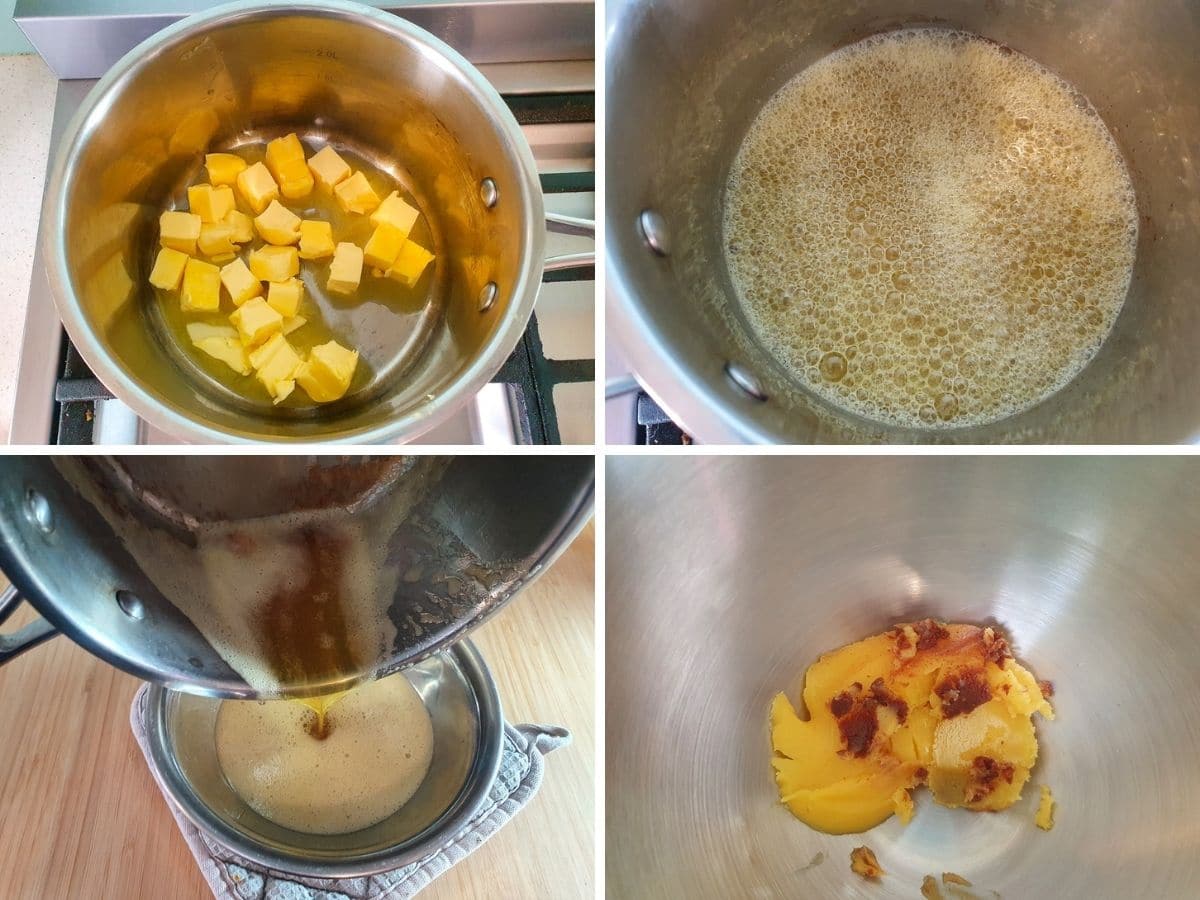 Process shots group 1: adding cubed butter to medium light colored saucepan, foaming butter with big bubbles, pouring browed butter into heatproof bowl, room temperature brown butter ready to beat.