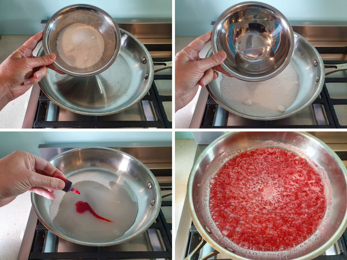 Pralines Roses 6 Process shots: adding sugar, adding water, adding red food color, syrup falling large bubbles and is ready to add nuts.