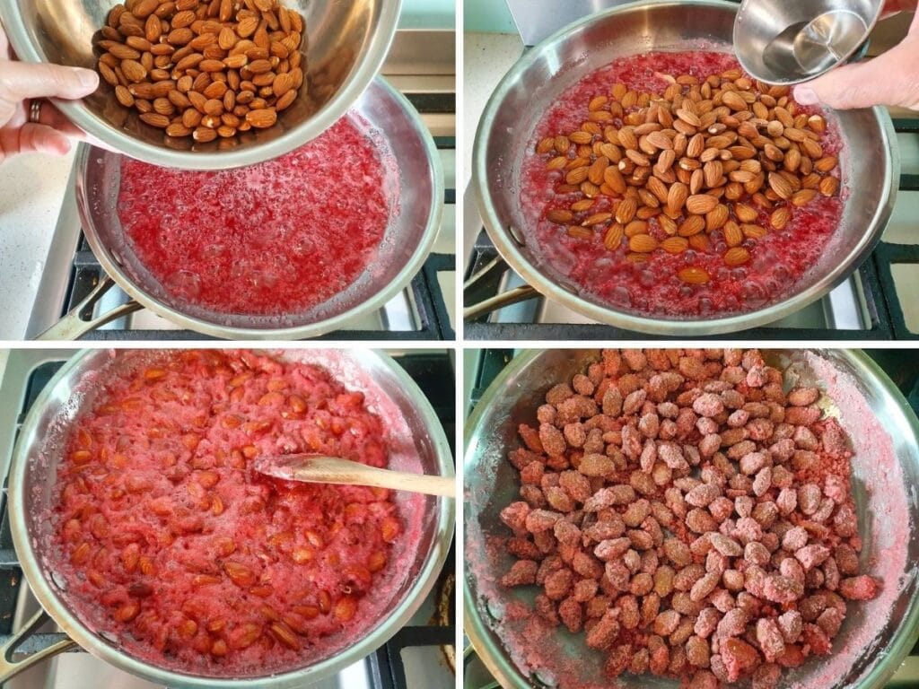 Pralines Roses 7 Process shots: adding almonds to sugar syrup with large bubbles, adding rose water, stirring nuts still on heat starting to crystalize, crystalized nuts ready to take off heat.
