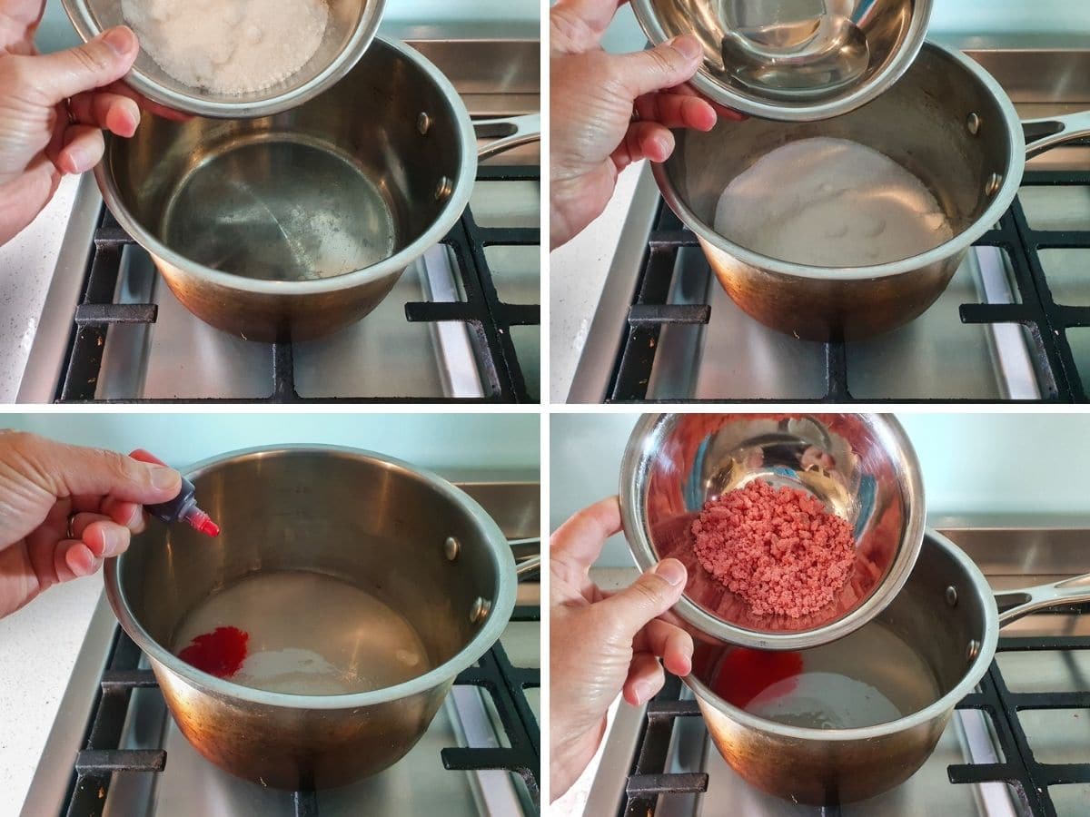 Process shots: adding sugar to saucepan, adding water, adding red food color, adding left over pink sugar from first coating of nuts.