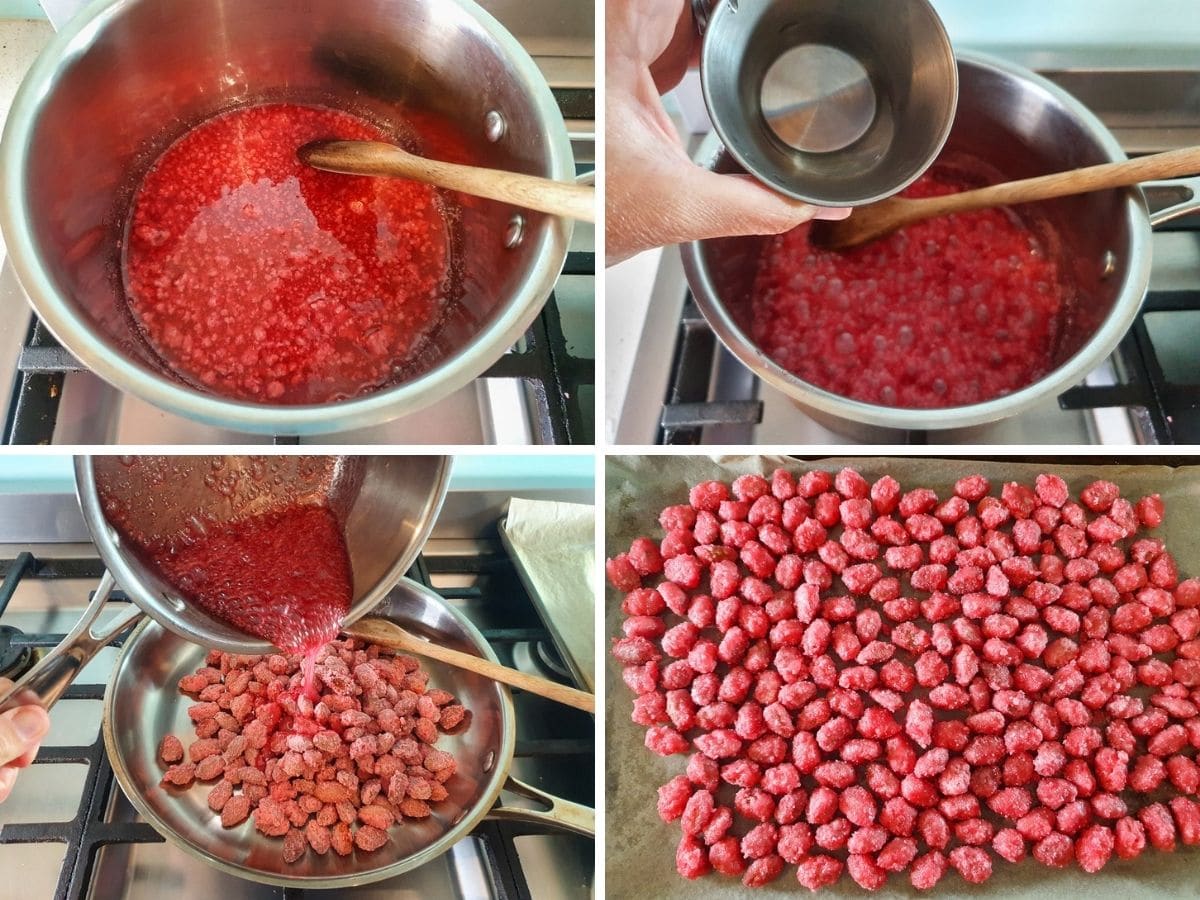 Process shots: stirring sugar syrup, adding rose water to syrup once it gets to temperatures, pouring syrup over warmed nuts in clan pan, sugar coated nuts on baking paper drying.