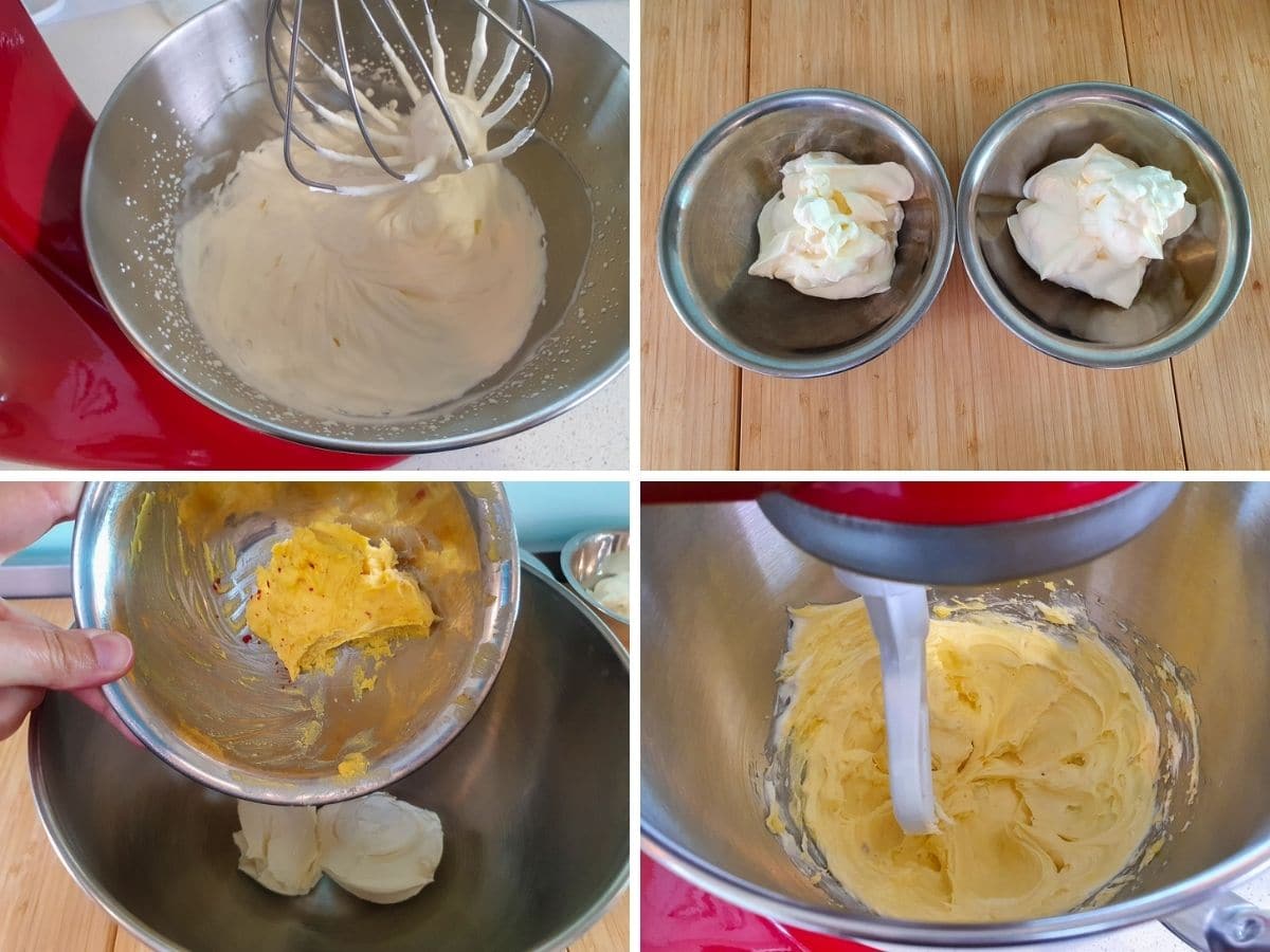 Process shots: whipping cream to firm peaks, dividing cream into two bowls, adding ¾ of Oreo filling to ½ of cream cheese, mixing Oreo filling into cream cheese.