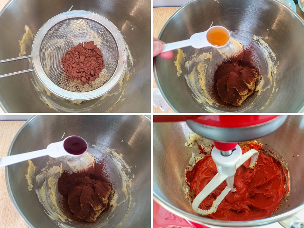 Process shots: sifting in cocoa powder, adding vanilla, adding red food color, mixing red velvet cheesecake filling.