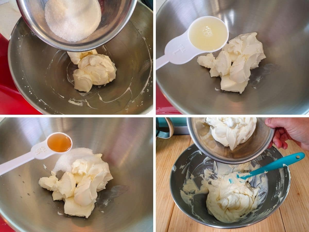 Process shots: adding sugar to half of cream cheese, adding lemon juice, adding vanilla, adding half of cream for cream cheese frosting cheesecake layer.