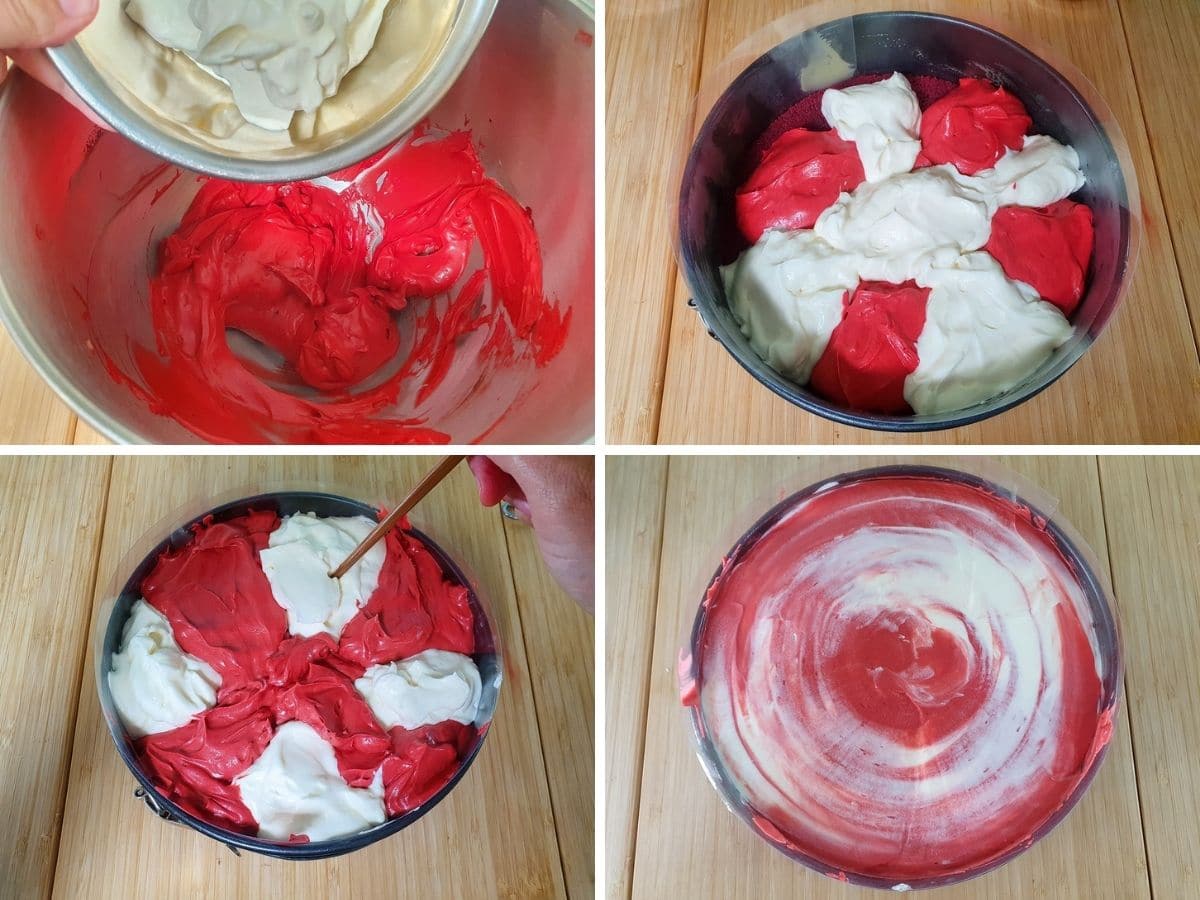 Process shots: adding ½ of whipped cream to red velvet cheesecake filling, layering red velvet filling and cream cheese frosting filling onto chilled base, swirling filling with a chopstick, smoothing cheesecake top.