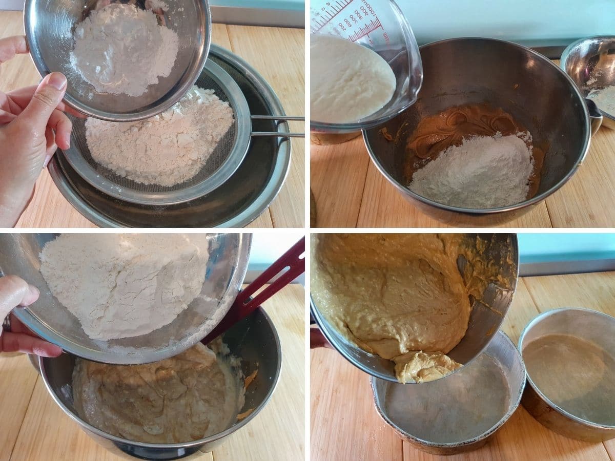 Biscoff Cake 7 Process shots: sifting flour, adding buttermilk, adding rest of flour, pouring batter into cake tins.