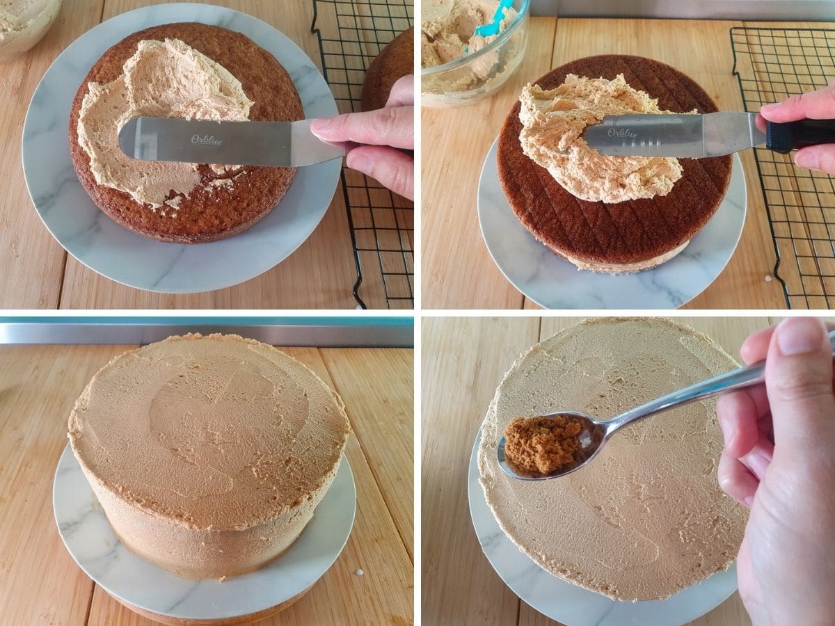 Decorating cake: adding frosting to first layer, adding frosting to second layer, sprinkling on biscuit crumbs.