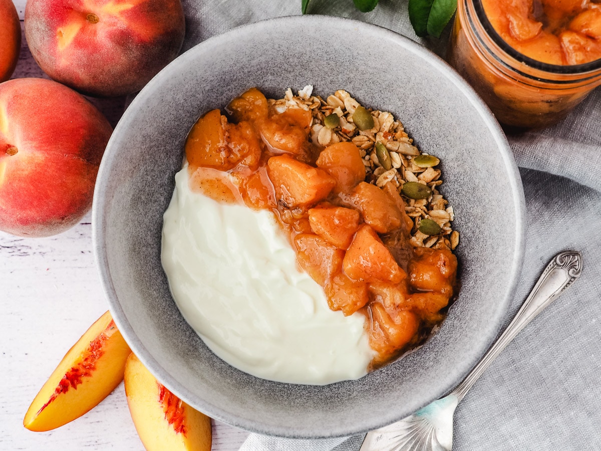 Peach compote 7 Serving compote with yogurt and granola.