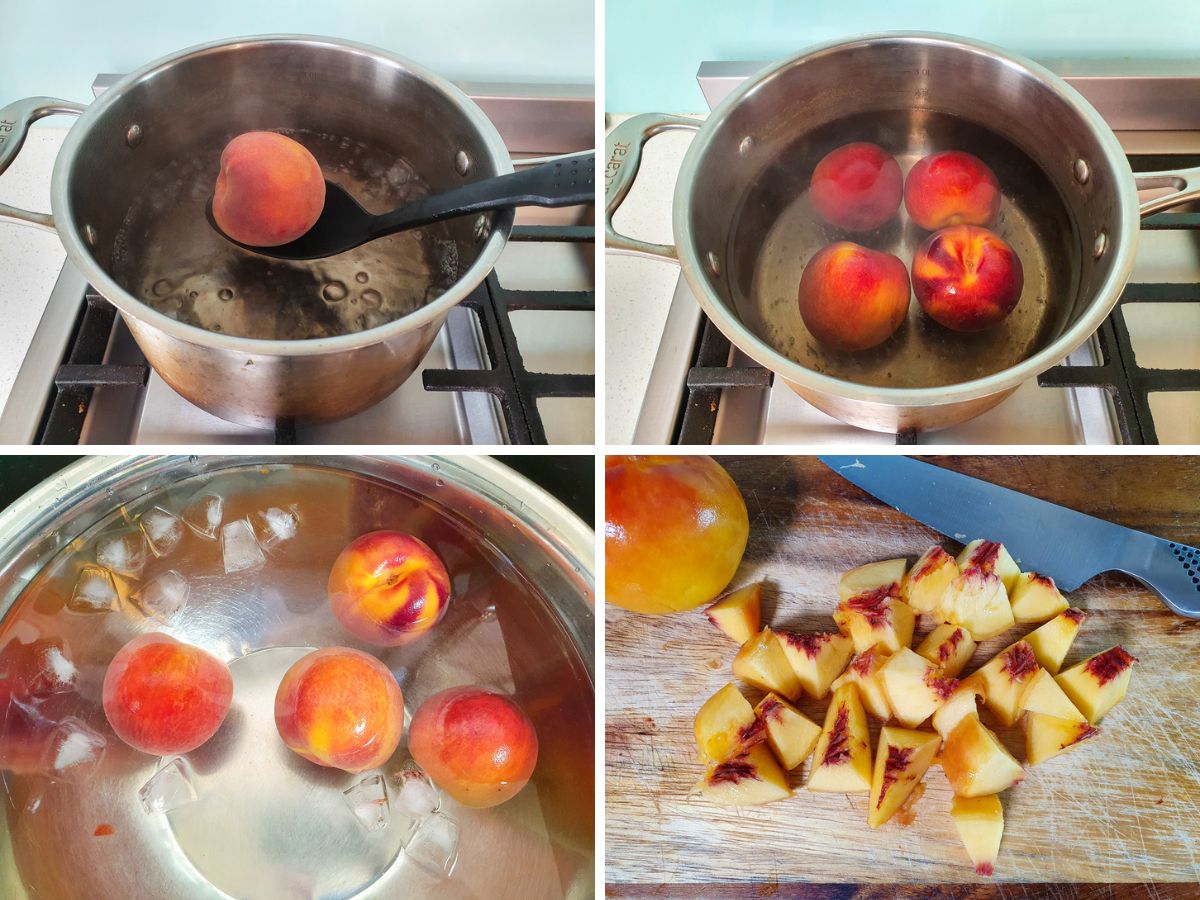 Process shots: putting peach into boiling water, blanching peaches, putting peaches into iced water, chopping peaches.