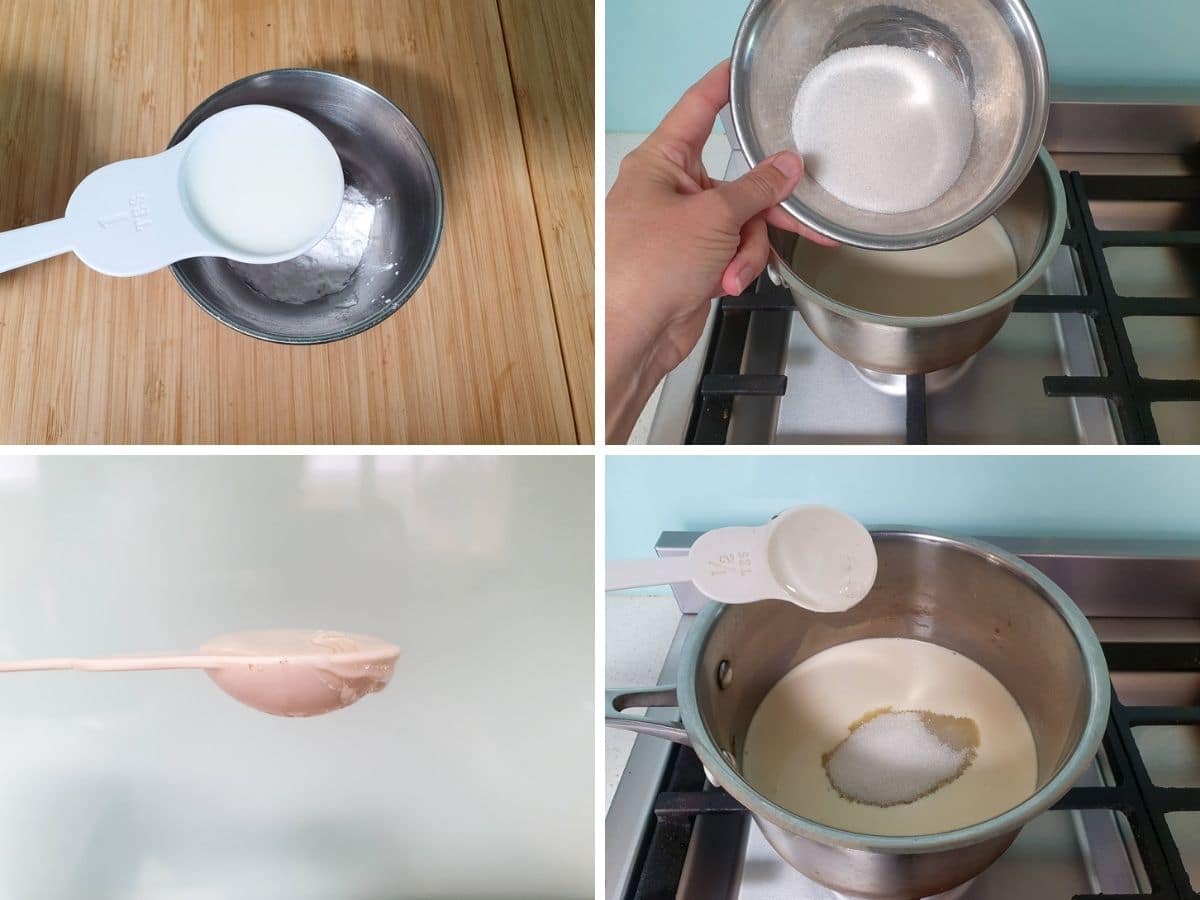 Process shots: adding milk to tapioca starch, adding sugar to cream, measuring glucose syrup, adding glucose syrup to pot.