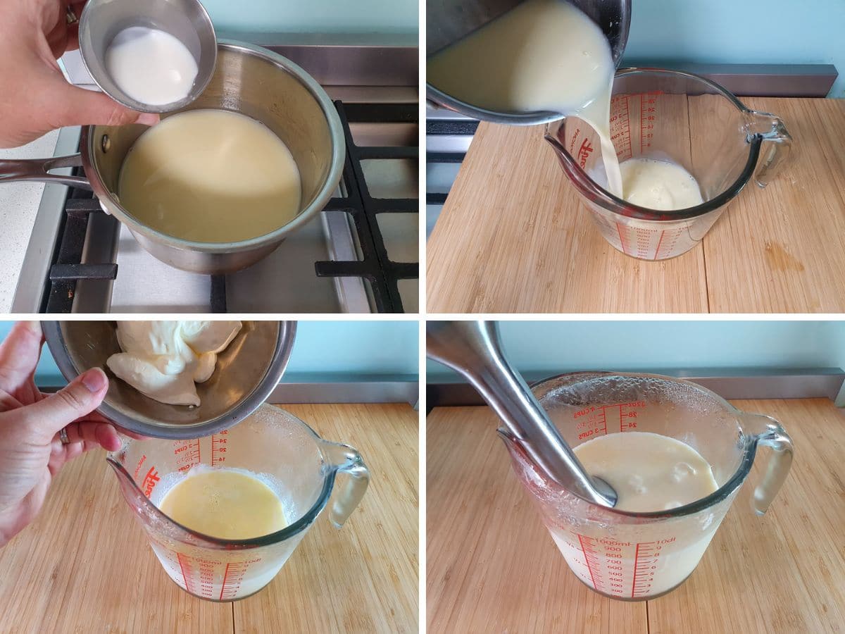 Process shots: adding tapioca starch slurry, transferring to jug, adding sour cream, blending.