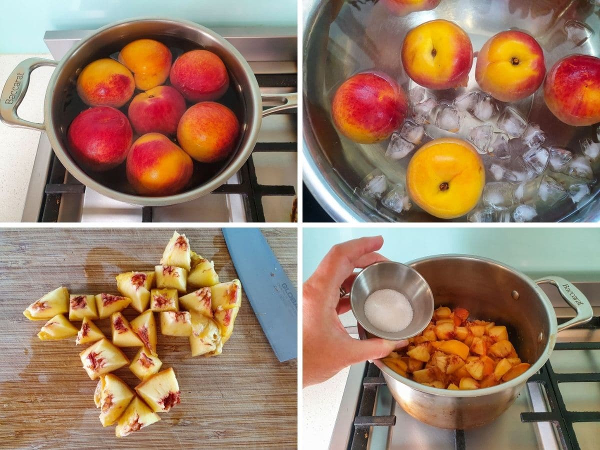 Process shots: blanching peaches in hot water, cooling peaches in ice water, dicing peaches, peaches and sugar in pot.