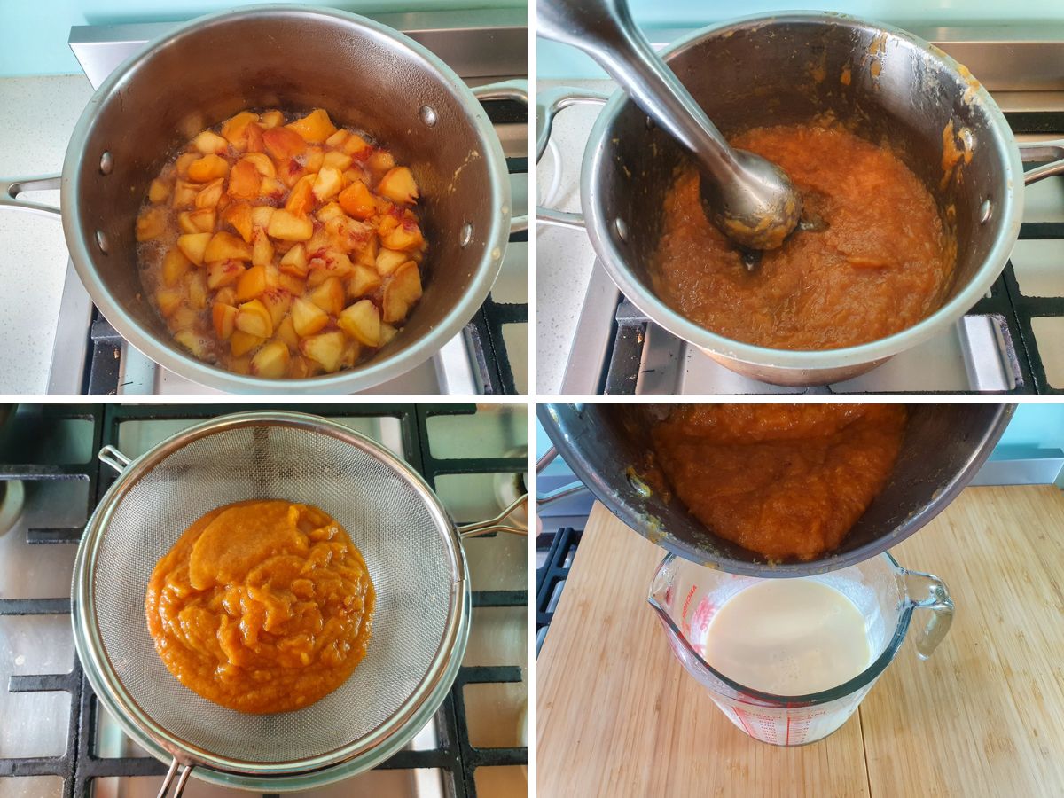 Process shots: cooking down peaches, blending peaches, straining peaches, adding peaches to rest of ice cream base.