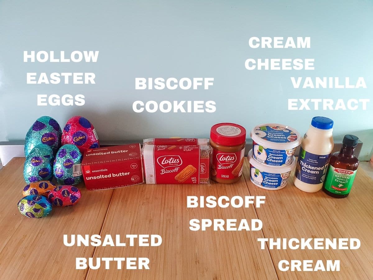 Biscoff Easter Egg Cheesecake 4 Ingredients as per main body of text.