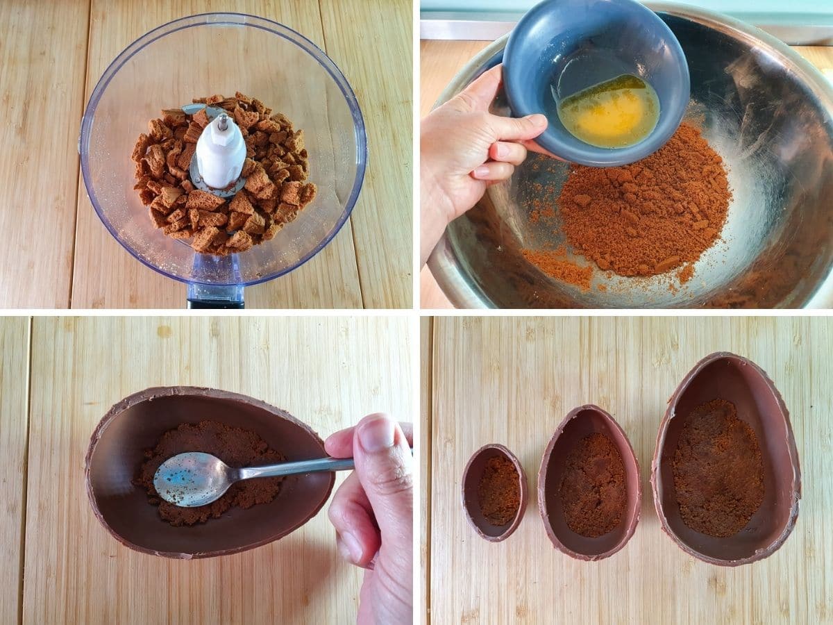 Biscoff Easter Egg Cheesecake 5 Process shots: blitzing cookies, adding melted butter, spooning and pressing down base into eggs, 3 sized eggs with base in them.