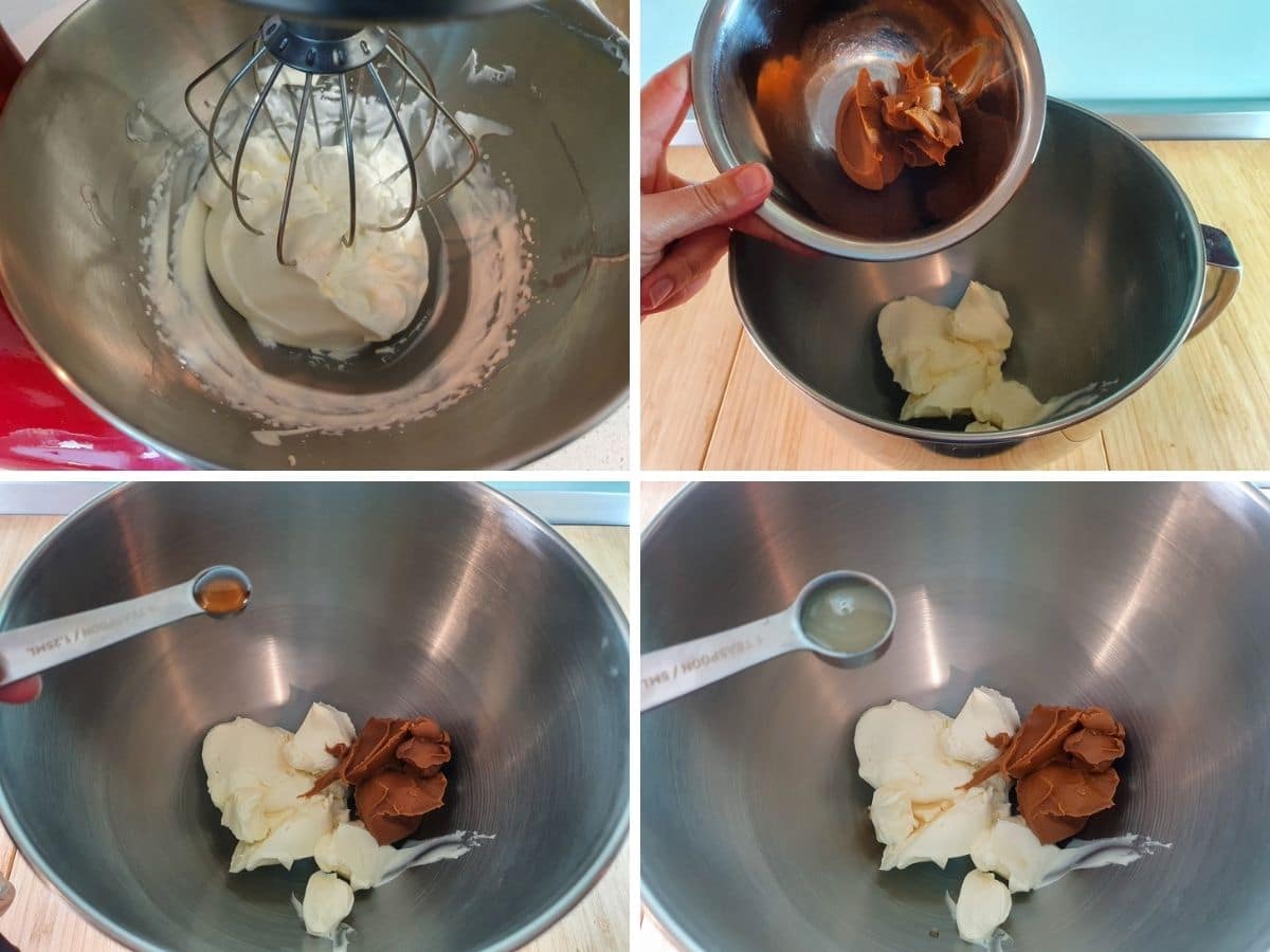 Process shots: whipping cream, adding ingredients to cream cheese, Biscoff spread, vanilla extract and lemon juice.