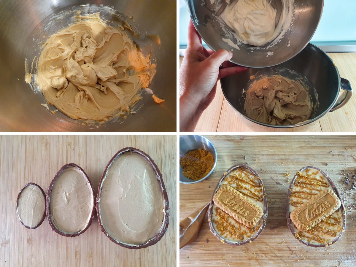 Biscoff Easter Egg Cheesecake 7 Process shots: Biscoff filling, adding whipped cream, filled eggs, decorated eggs with biscuits, drizzle and crumbs