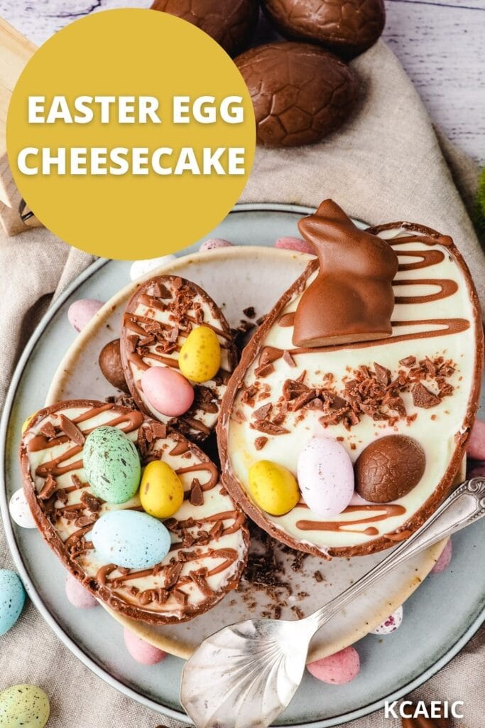 Pinterest pin: large, medium and small Easter egg cheesecakes on a plate.