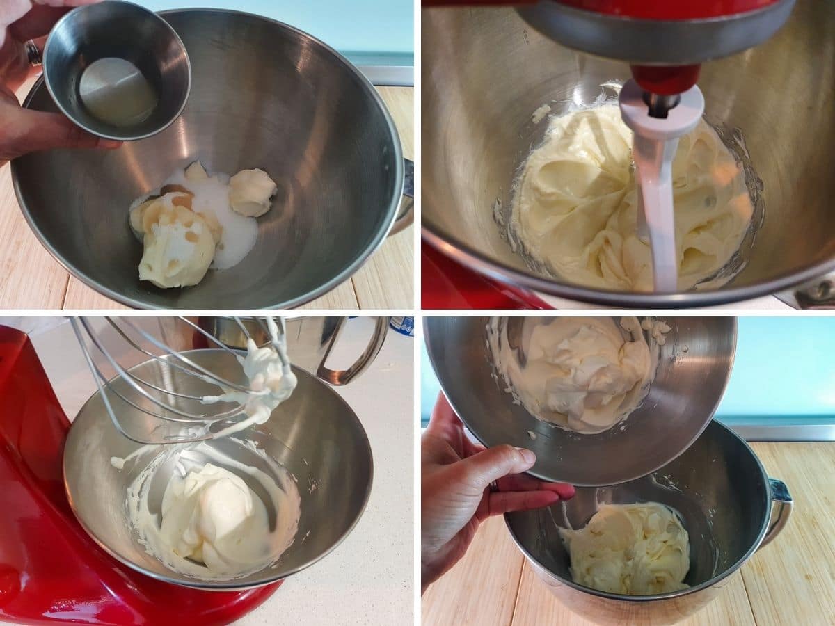 Process shots: adding lemon juice, sugar and vanilla to cream cheese, beating cheese, whisking cream, adding cream to cheese.