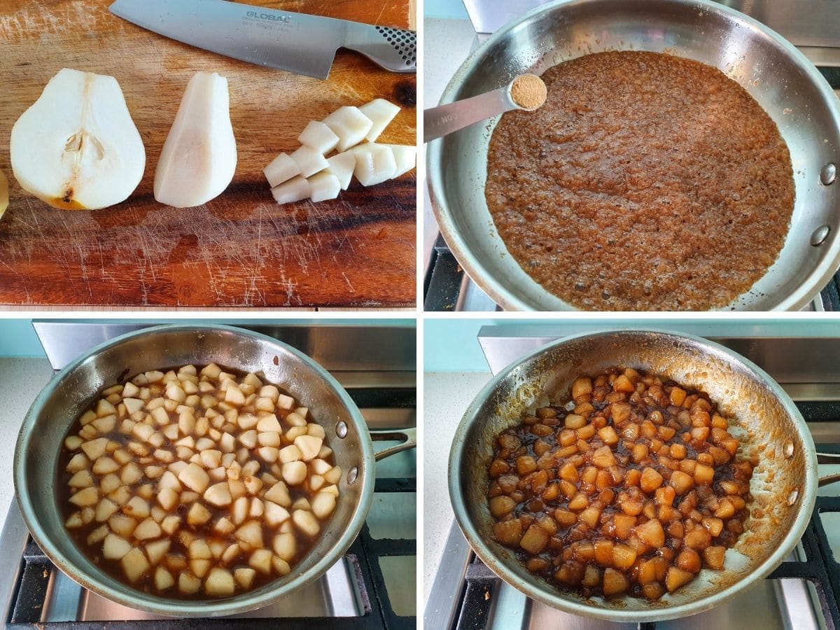 Process shots: peel, core and dice pears, melt butter and sugar and add ginger, add pears cook till juicy, cook down till thick and jammy.