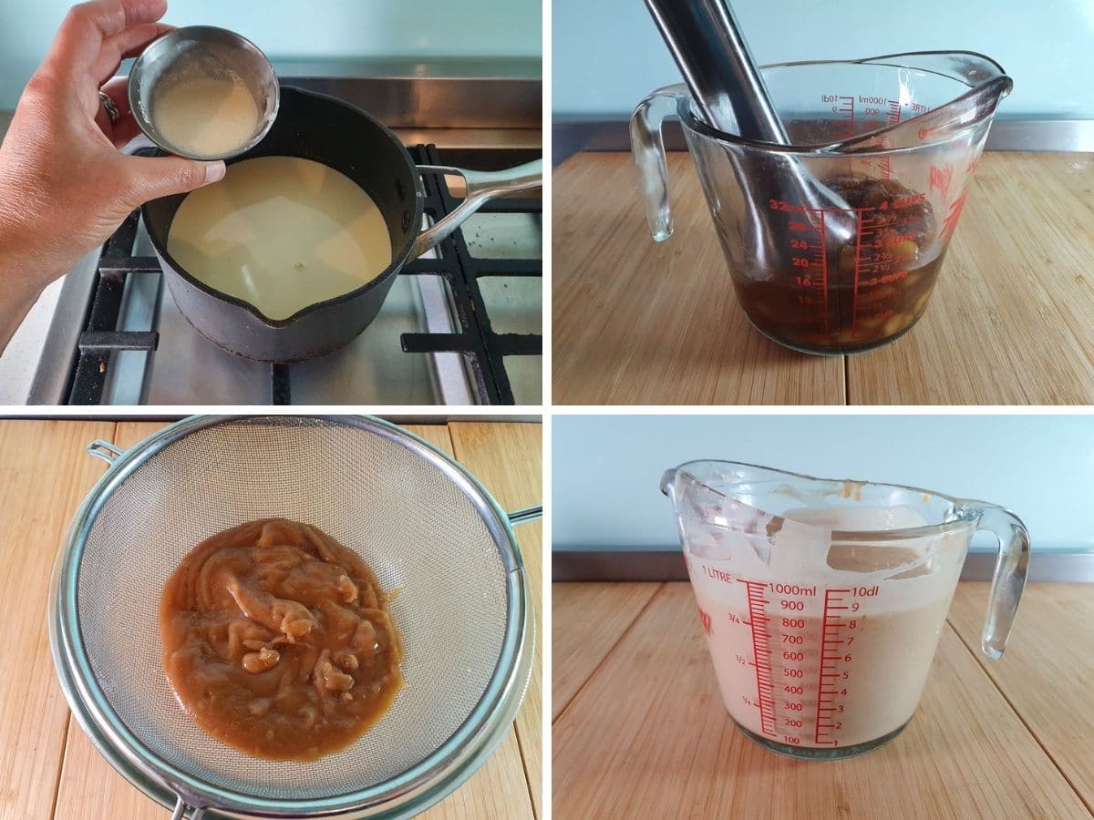 Process shots: adding glucose and tapioca starch to cream, blitzing cooled pears, straining pears, adding pears to cream mix.