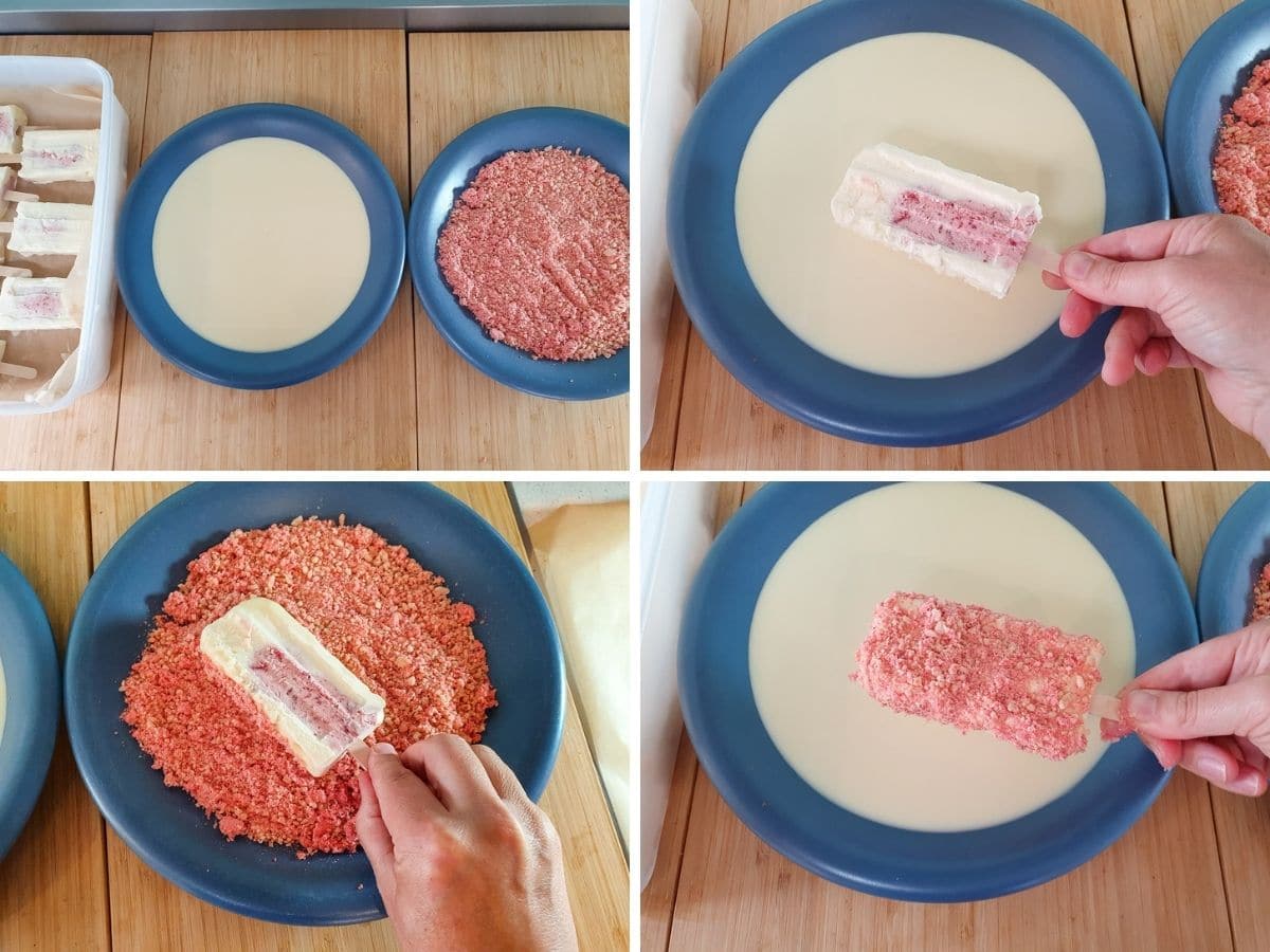 Strawberry Shortcake Ice Cream 8 Process shots: setting up, dipping bar into white chocolate, dipping bar into coating, repeating with other side.