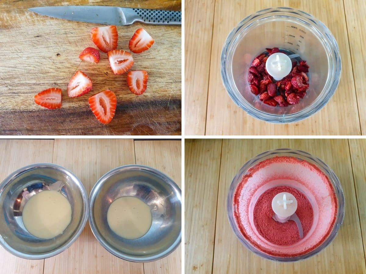 Process shots: slicing strawberries, blitzing roasted strawberries, dividing condensed milk, blitzing freeze-dried strawberries.