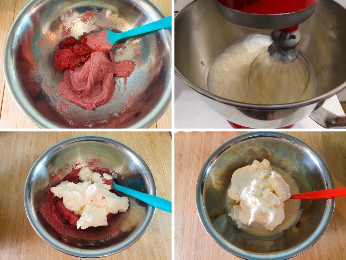 Process shots: mixing both types strawberries into condensed milk, whipping cream, mixing cream into strawberry mix, and into vanilla mix.