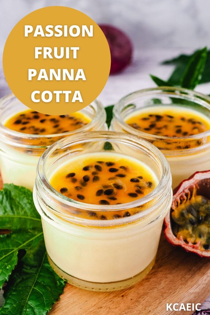 3 small mason jars of panna cotta with passionfruit sauce.