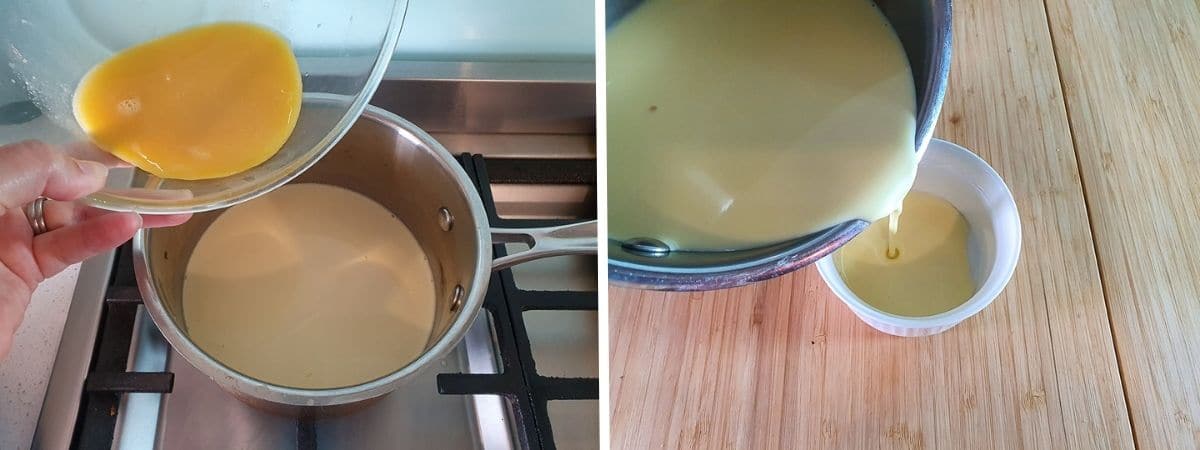 Process shots: adding passion fruit pulp to pot and pouring mix into ramekins.