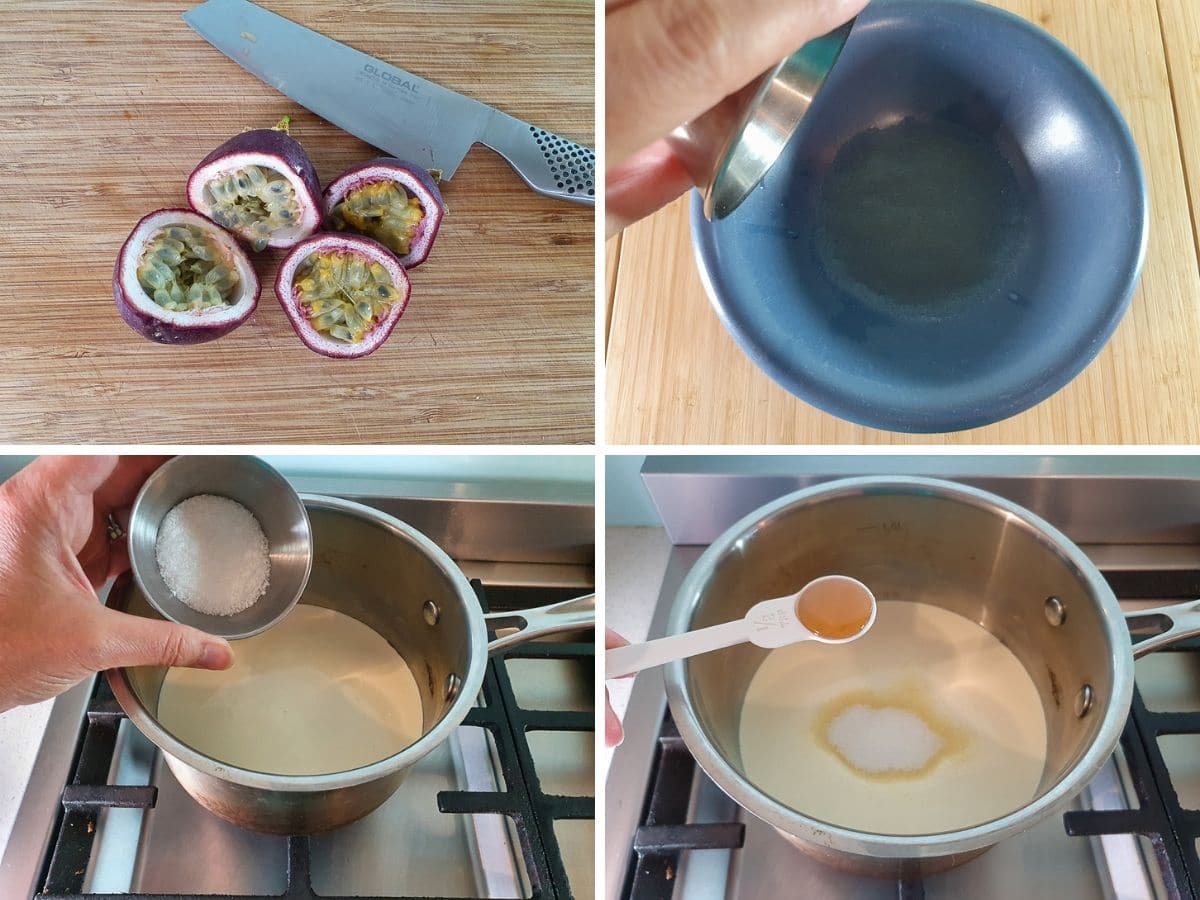 Process shots: slicing fruit, blooming gelatin, adding sugar and vanilla to pot.