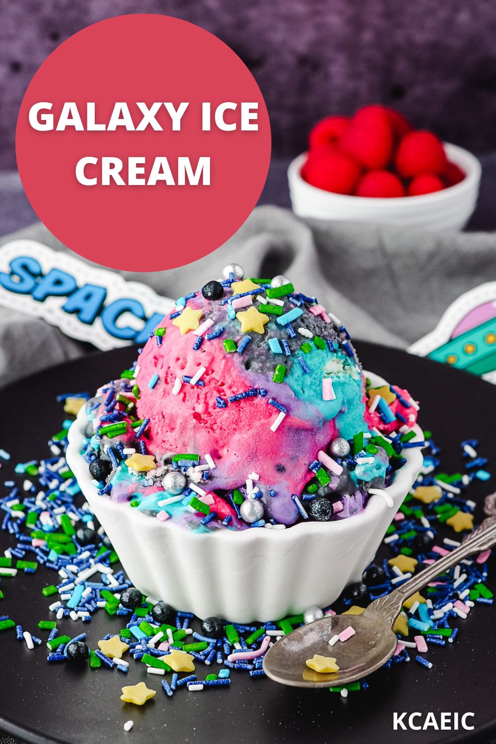 Galaxy Ice Cream 10 Scoop of ice cream with sprinkles, on a plate with spoon and sprinkles, and text overlay.