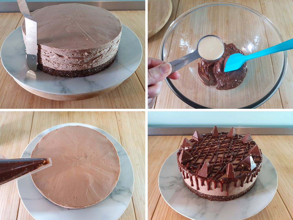 Process shots: smoothing the edge of the cheesecake, adding cream to melted chocolate, piping on ganache, adding chocolate triangles.