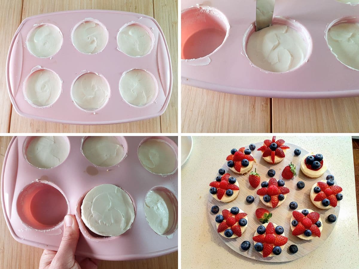 Process shots: running spatula around edge of set cheesecakes to loosen, pushing out from bottom of mold, cheesecakes decorated with berries.