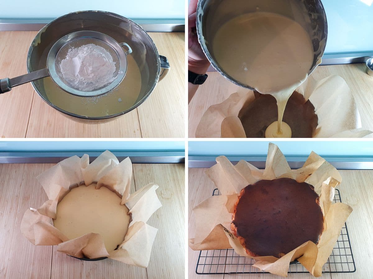 Process shots: sifting tapioca starch, pouring into tin, ready to bake cheesecake, baked cheesecake before collapsing