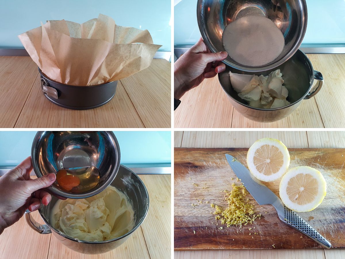 Process shots: lined cake tin with high baking paper sides, adding sugar, adding eggs, juicing and zesting lemon.