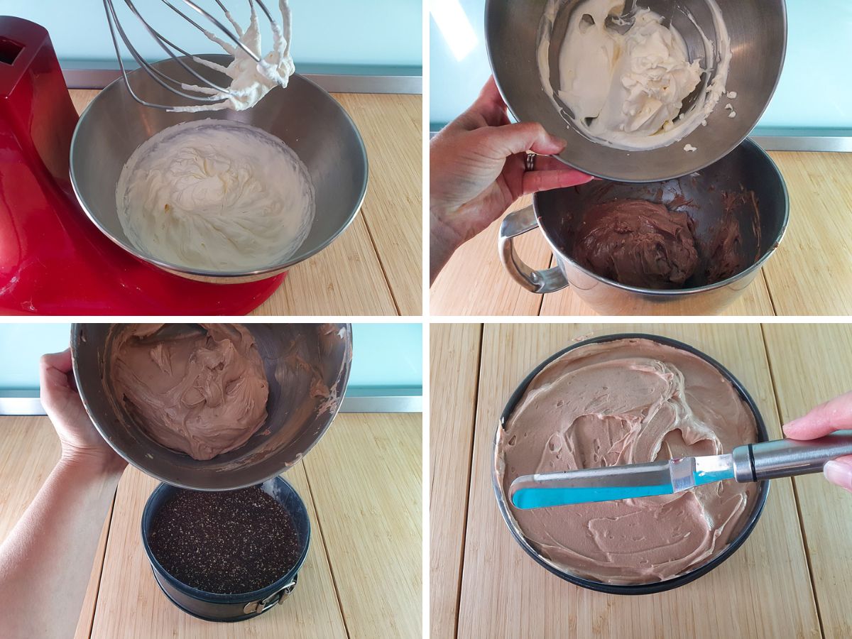Process shots: whipping cream adding cream to rest of mix, tipping filling onto base, smoothing down the top of cheesecake.