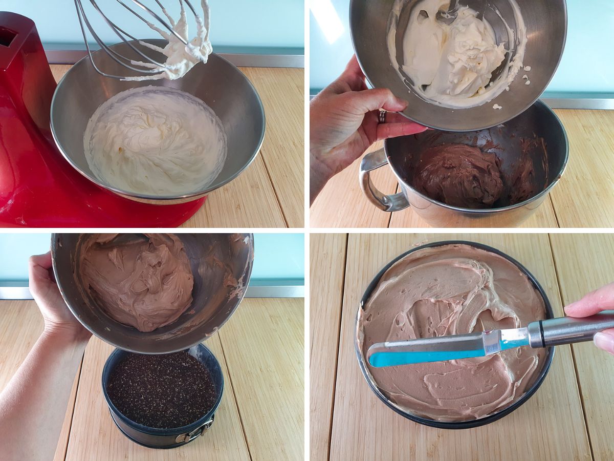 Toblerone Cheesecake 7 Process shots: whipping cream adding cream to rest of mix, tipping filling onto base, smoothing down the top of cheesecake.