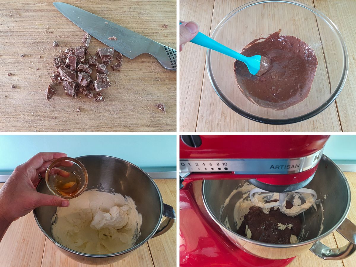 Toblerone Cheesecake 6 Process shots: chopping and melting chocolate, adding honey to softened cream cheese, adding chocolate to cream cheese and honey.