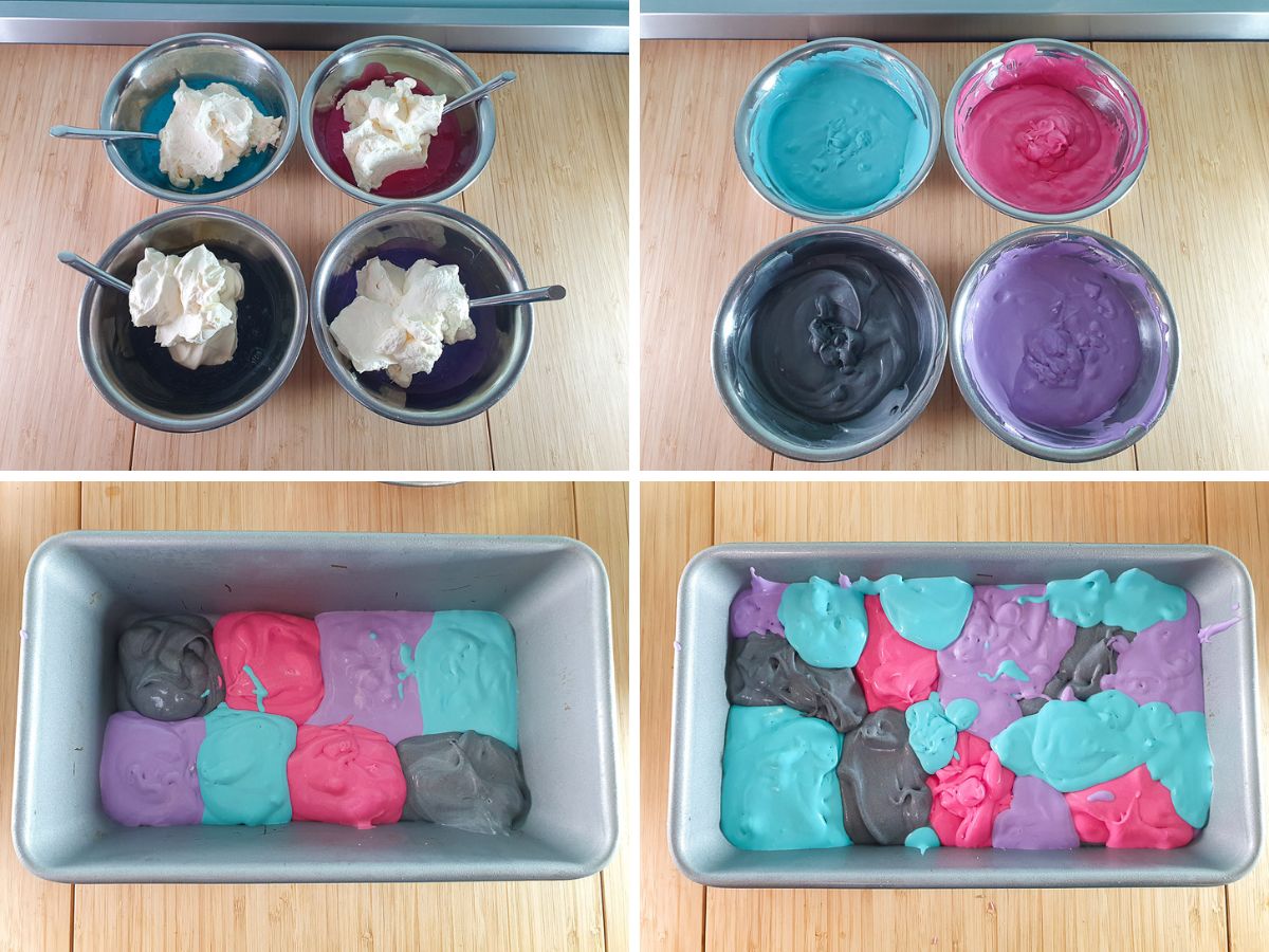 Process shots: adding whipped cream, mixing in. layering different colors in tin.