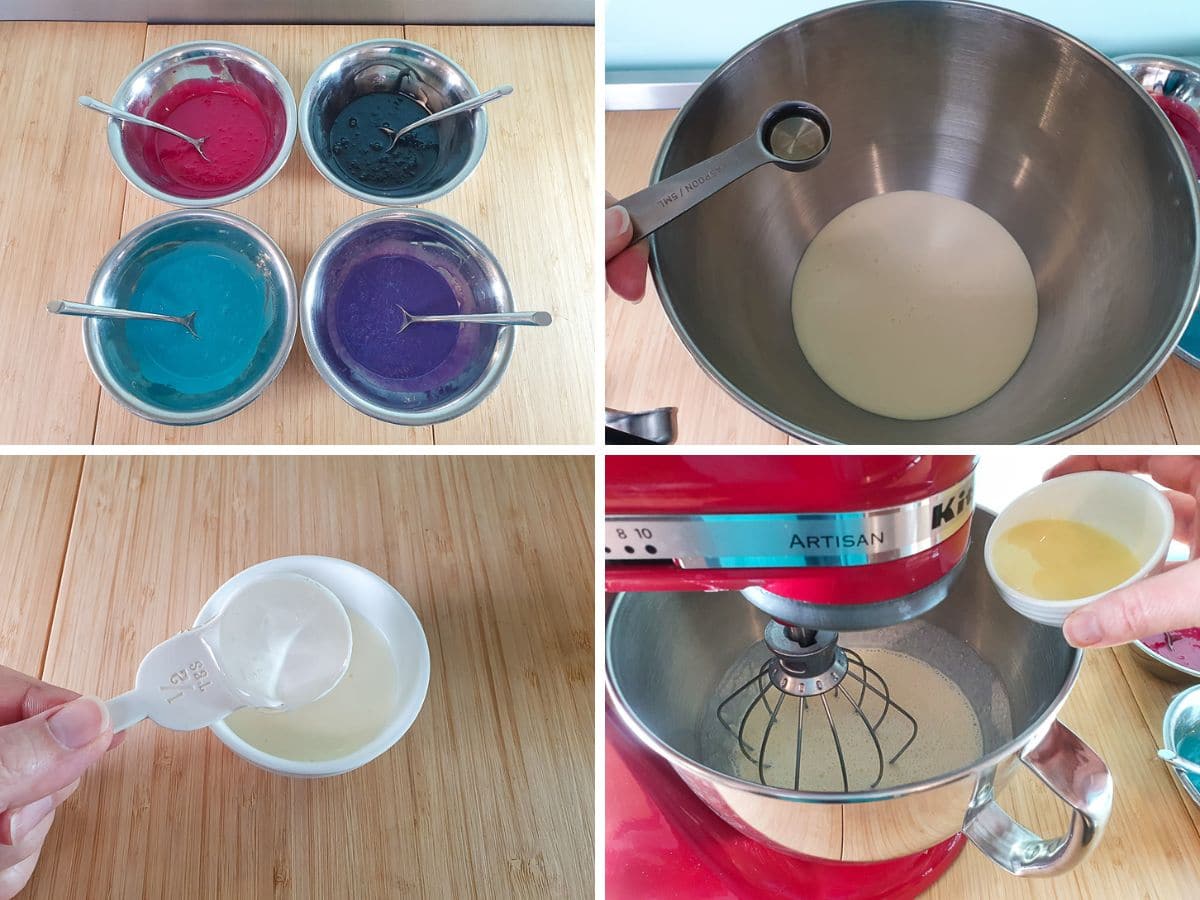 Process shots: adding food color, adding raspberry flavor, mixing glucose and cream, adding to rest of cream.